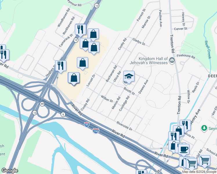 map of restaurants, bars, coffee shops, grocery stores, and more near 525 Utica Rd in Utica