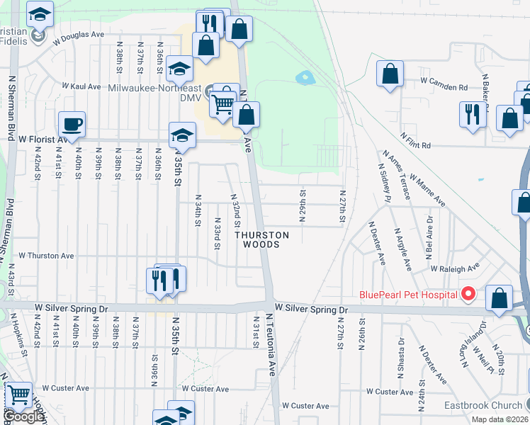 map of restaurants, bars, coffee shops, grocery stores, and more near 5828 North Teutonia Avenue in Milwaukee