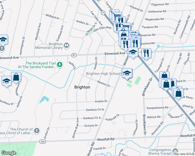 map of restaurants, bars, coffee shops, grocery stores, and more near 155 Buckland Avenue in Rochester