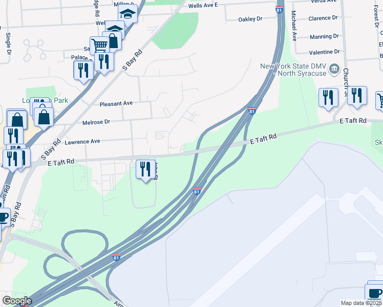 map of restaurants, bars, coffee shops, grocery stores, and more near 3909 East Taft Road in North Syracuse
