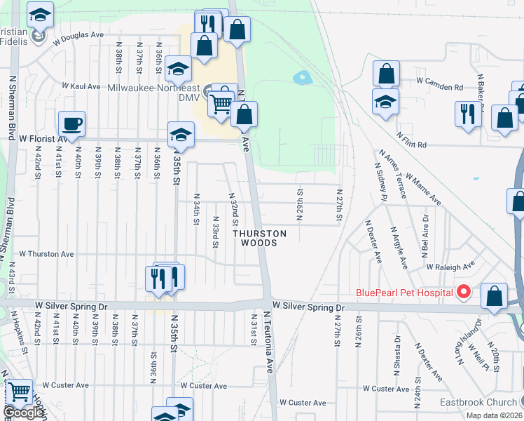 map of restaurants, bars, coffee shops, grocery stores, and more near 5828 North Teutonia Avenue in Milwaukee