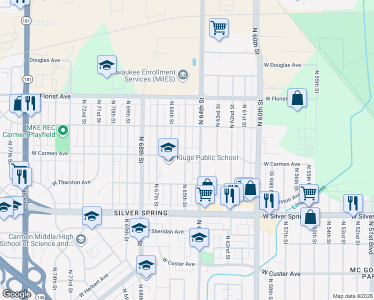 map of restaurants, bars, coffee shops, grocery stores, and more near 5821 North 64th Street in Milwaukee