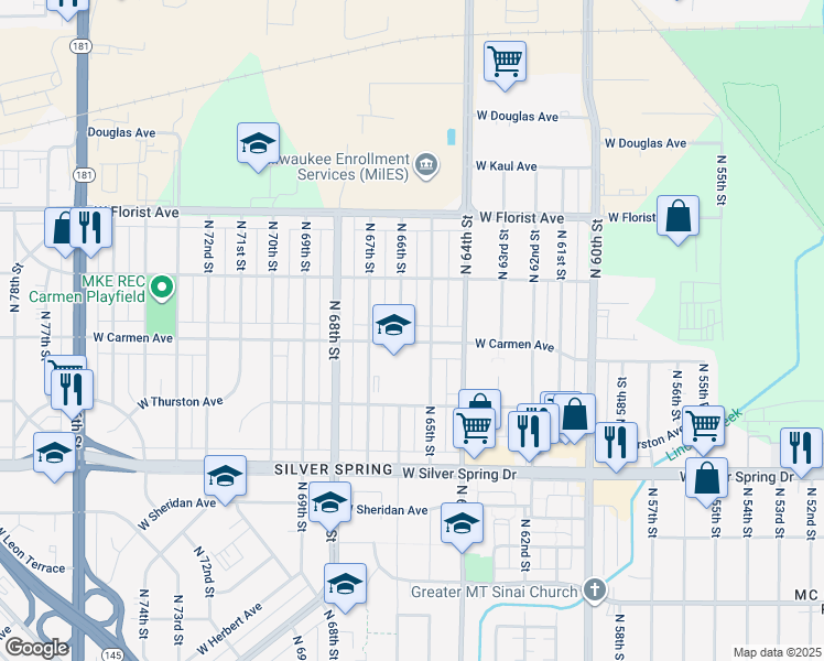 map of restaurants, bars, coffee shops, grocery stores, and more near 6520 West Carmen Avenue in Milwaukee