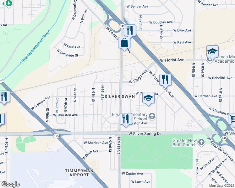 map of restaurants, bars, coffee shops, grocery stores, and more near 5809 North 91st Street in Milwaukee
