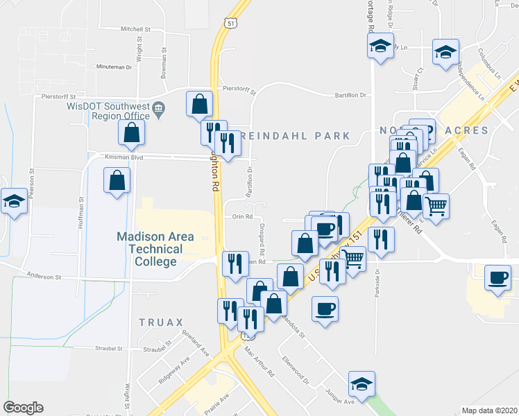 map of restaurants, bars, coffee shops, grocery stores, and more near 3812 Orin Road in Madison