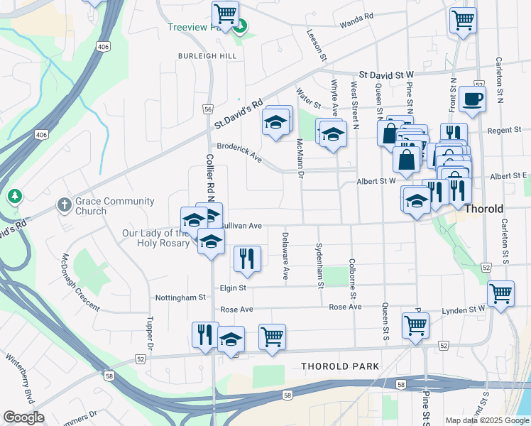 map of restaurants, bars, coffee shops, grocery stores, and more near in Thorold