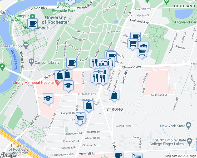 map of restaurants, bars, coffee shops, grocery stores, and more near 22 Celebration Drive in Rochester