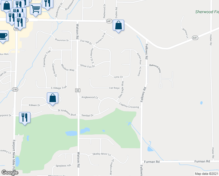 map of restaurants, bars, coffee shops, grocery stores, and more near 13 Cali Ridge in Fairport