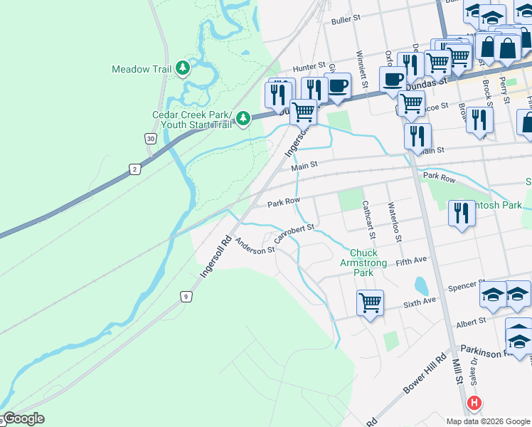 map of restaurants, bars, coffee shops, grocery stores, and more near 52 Park Row in Woodstock