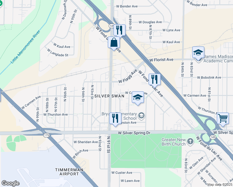 map of restaurants, bars, coffee shops, grocery stores, and more near 8940 West Carmen Avenue in Milwaukee