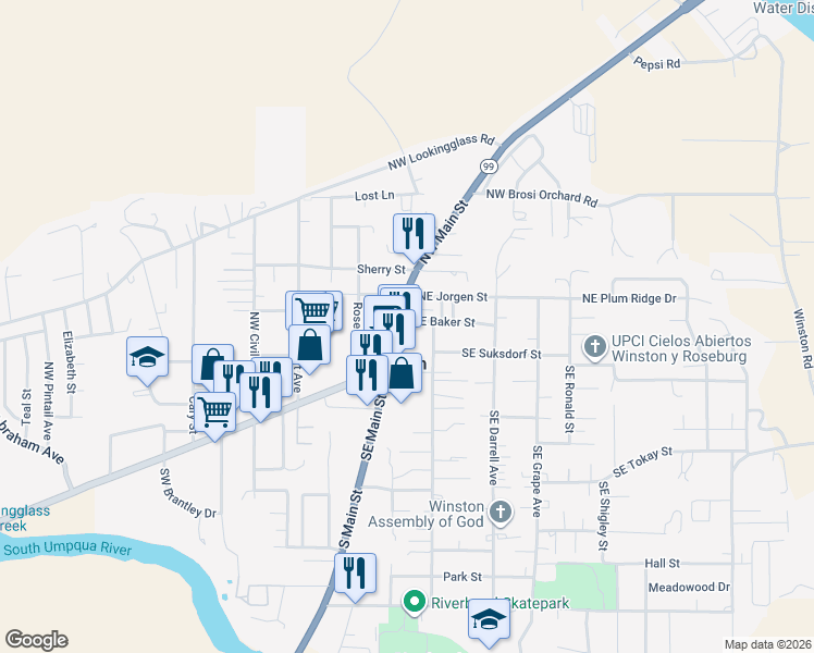 map of restaurants, bars, coffee shops, grocery stores, and more near 27 Northeast Baker Street in Winston