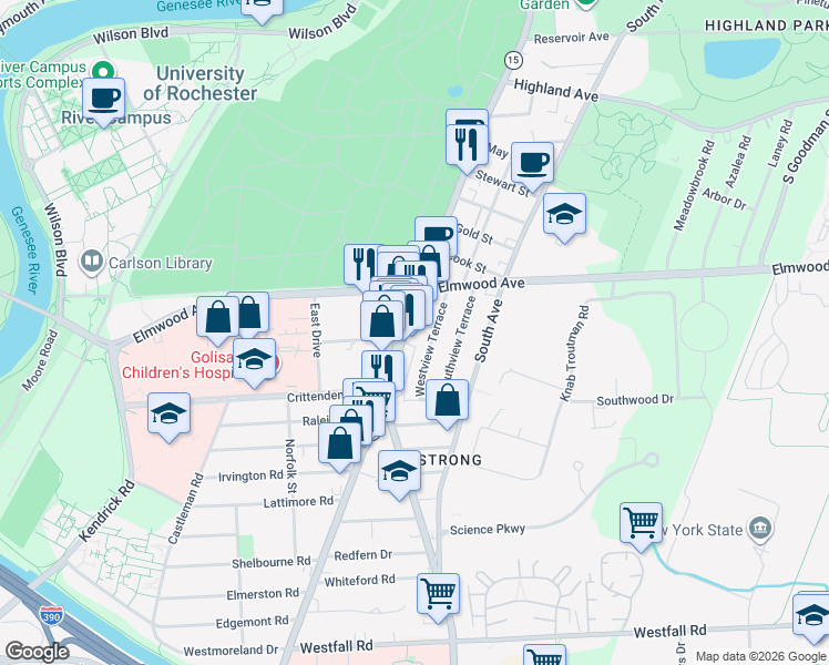 map of restaurants, bars, coffee shops, grocery stores, and more near 1360-1370 Mount Hope Avenue in Rochester