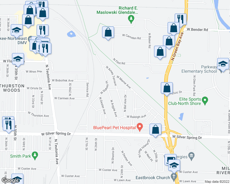 map of restaurants, bars, coffee shops, grocery stores, and more near 5829 North Ames Terrace in Glendale