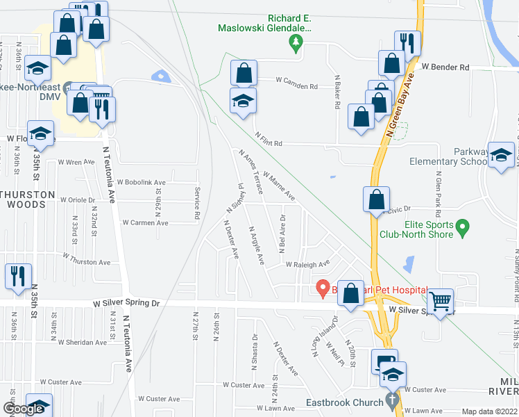 map of restaurants, bars, coffee shops, grocery stores, and more near 5829 North Ames Terrace in Glendale