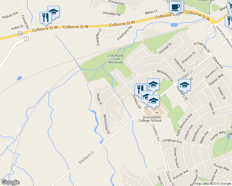 map of restaurants, bars, coffee shops, grocery stores, and more near 122 McGuiness Drive in Brantford