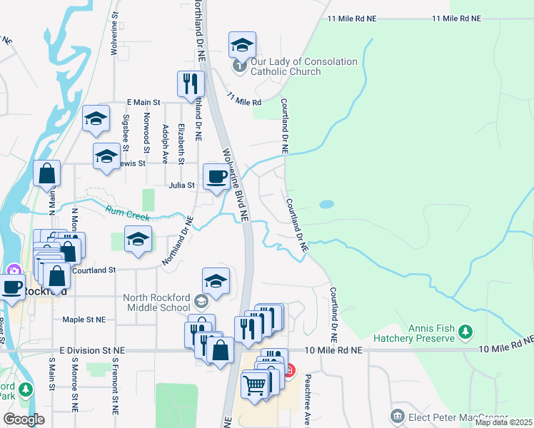 map of restaurants, bars, coffee shops, grocery stores, and more near 8781 Courtland Drive Northeast in Rockford