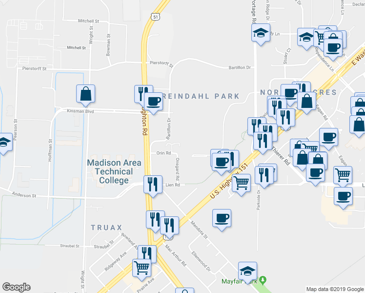 map of restaurants, bars, coffee shops, grocery stores, and more near 3812 Orin Road in Madison