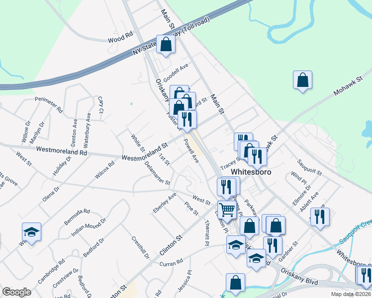 map of restaurants, bars, coffee shops, grocery stores, and more near 14 Powell Avenue in Whitesboro