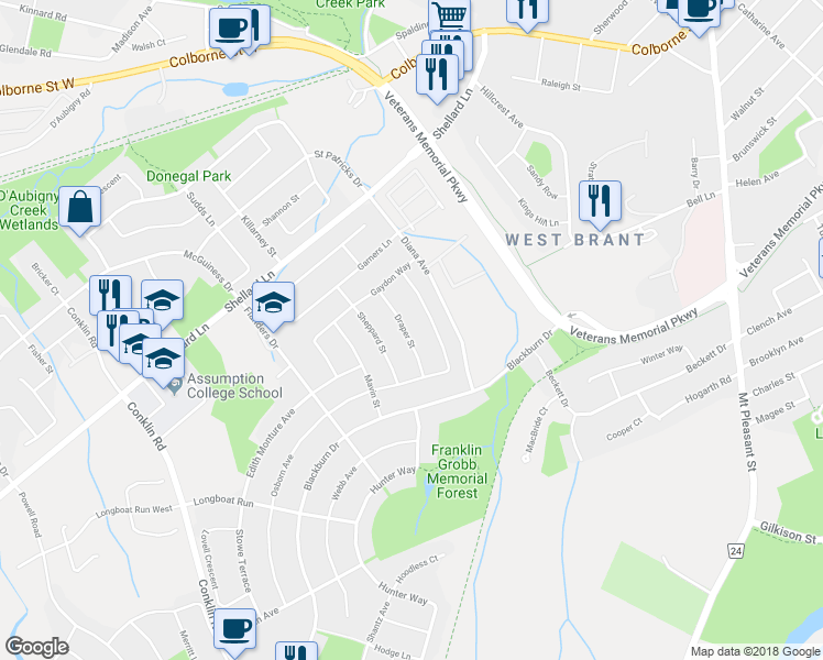 map of restaurants, bars, coffee shops, grocery stores, and more near 25 Draper Street in Brantford