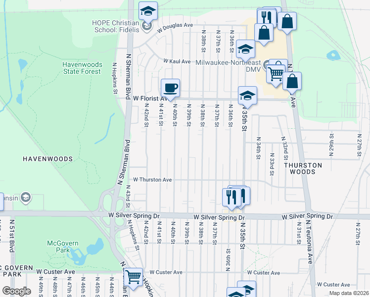 map of restaurants, bars, coffee shops, grocery stores, and more near 5821 North 39th Street in Milwaukee