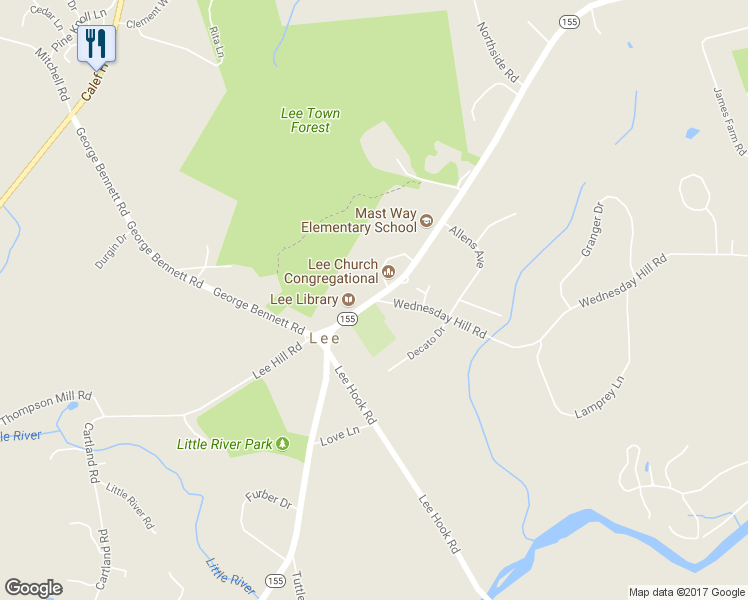 map of restaurants, bars, coffee shops, grocery stores, and more near 1 Wednesday Hill Road in Lee