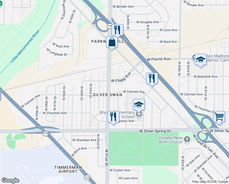 map of restaurants, bars, coffee shops, grocery stores, and more near 8948 West Carmen Avenue in Milwaukee