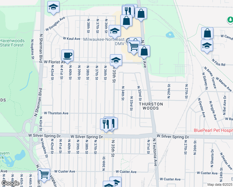 map of restaurants, bars, coffee shops, grocery stores, and more near 5822 North 35th Street in Milwaukee