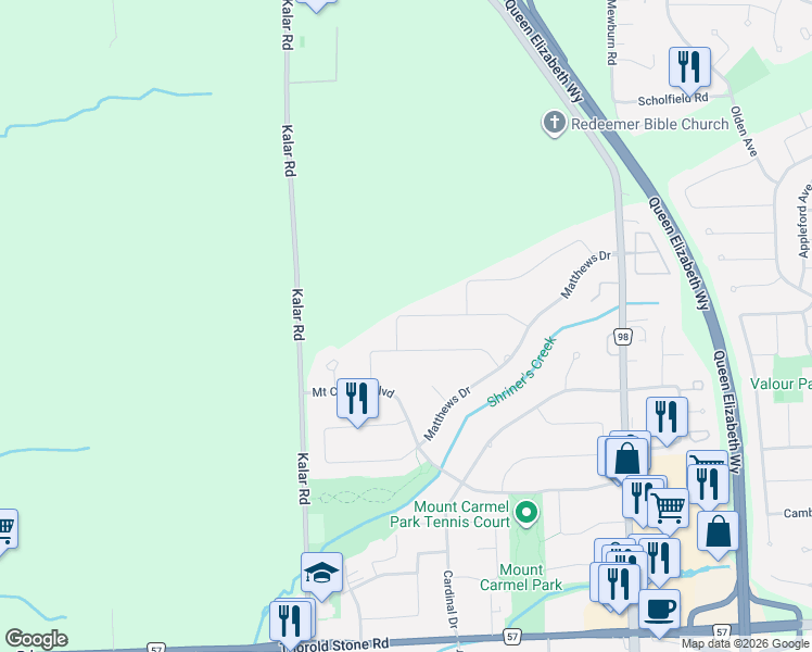 map of restaurants, bars, coffee shops, grocery stores, and more near 8056 Cathedral Drive in Niagara Falls