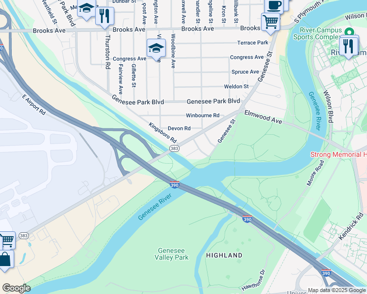 map of restaurants, bars, coffee shops, grocery stores, and more near 205 Scottsville Road in Rochester