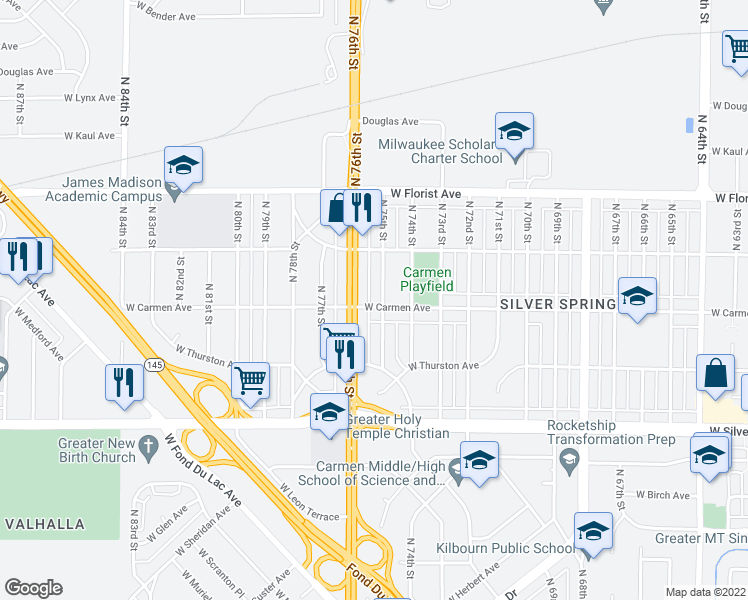 map of restaurants, bars, coffee shops, grocery stores, and more near 7508 West Carmen Avenue in Milwaukee