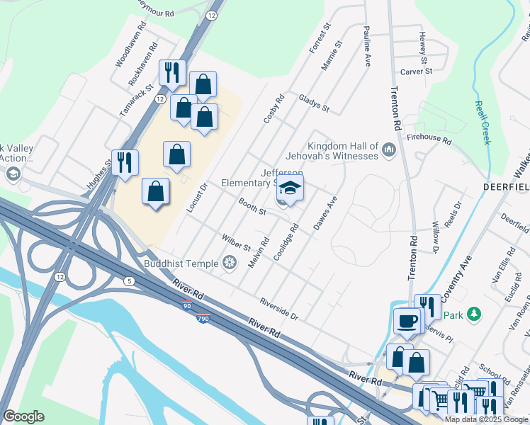 map of restaurants, bars, coffee shops, grocery stores, and more near 190 Booth Street in Utica