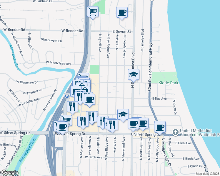 map of restaurants, bars, coffee shops, grocery stores, and more near 5849 North Bay Ridge Avenue in Whitefish Bay