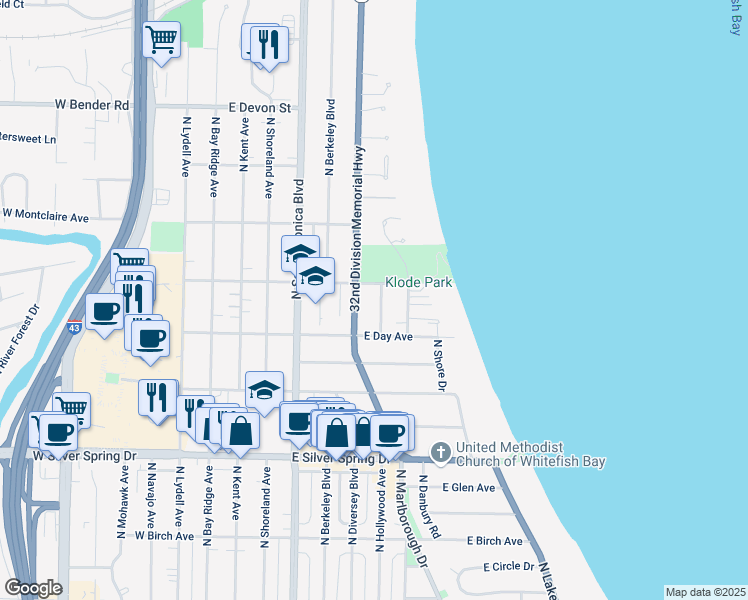 map of restaurants, bars, coffee shops, grocery stores, and more near 5851 North Maitland Court in Whitefish Bay