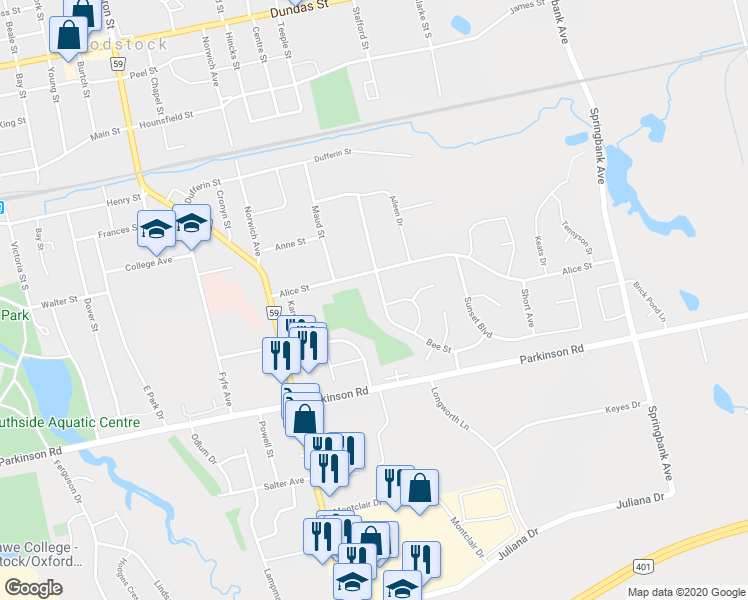 map of restaurants, bars, coffee shops, grocery stores, and more near 118 Bee Street in Woodstock