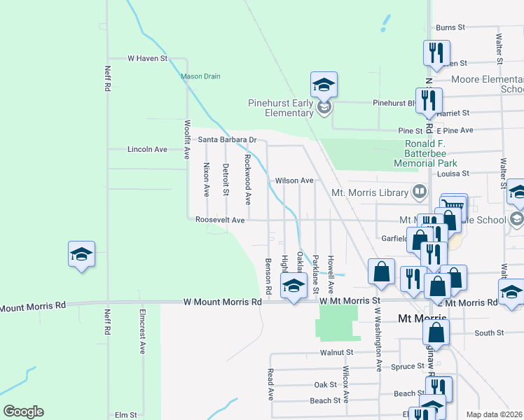 map of restaurants, bars, coffee shops, grocery stores, and more near 8151 Benson Road in Mount Morris