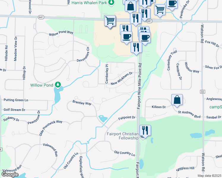 map of restaurants, bars, coffee shops, grocery stores, and more near 98 New Wickham Drive in Penfield