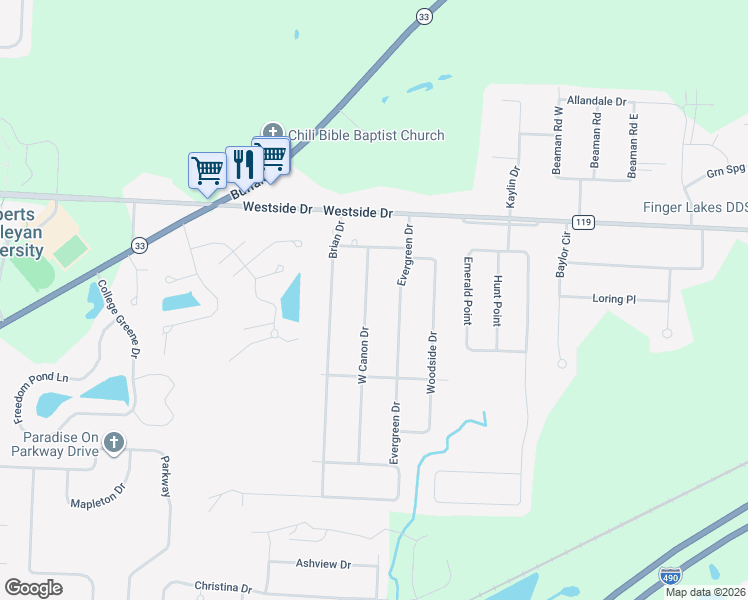 map of restaurants, bars, coffee shops, grocery stores, and more near 14 West Canon Drive in Rochester
