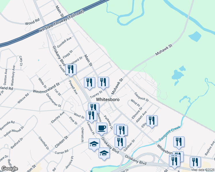 map of restaurants, bars, coffee shops, grocery stores, and more near 116 Main Street in Whitesboro