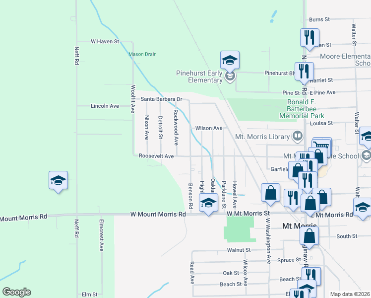 map of restaurants, bars, coffee shops, grocery stores, and more near 8151 Benson Road in Mount Morris