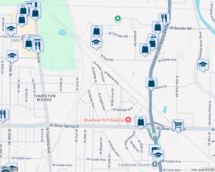 map of restaurants, bars, coffee shops, grocery stores, and more near 5829 North Ames Terrace in Glendale
