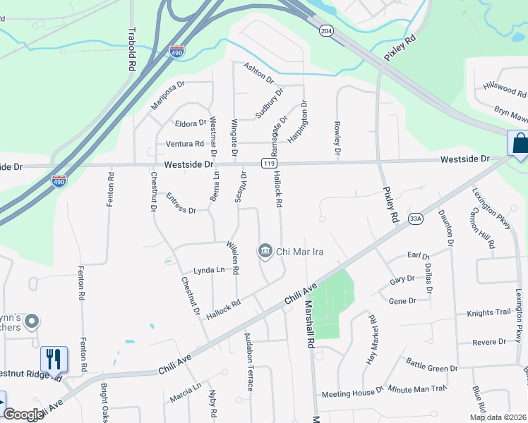 map of restaurants, bars, coffee shops, grocery stores, and more near 12 Chi Mar Dr in Rochester