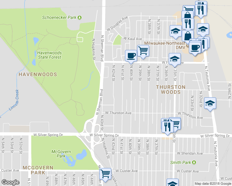 map of restaurants, bars, coffee shops, grocery stores, and more near 5820 North 42nd Street in Milwaukee