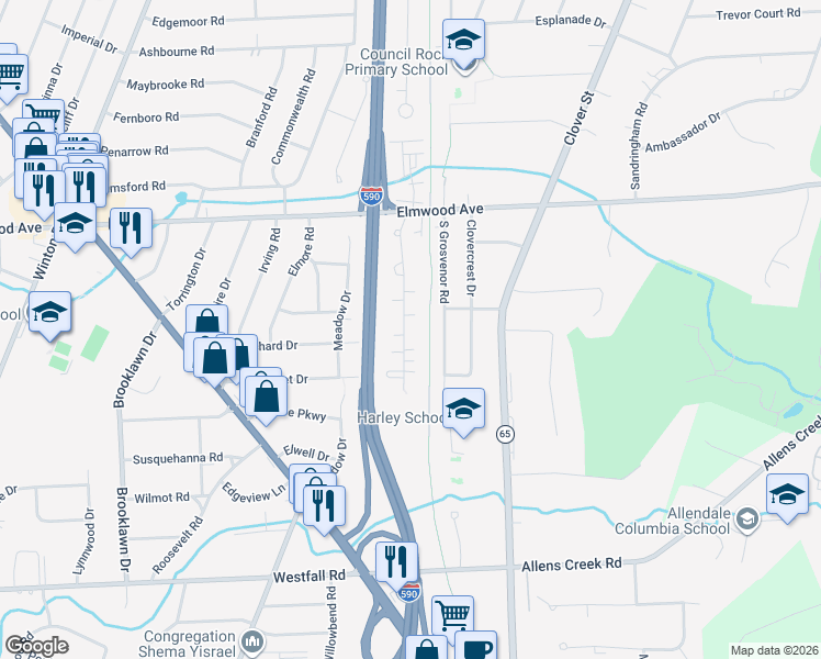 map of restaurants, bars, coffee shops, grocery stores, and more near 252 Valley Road in Rochester