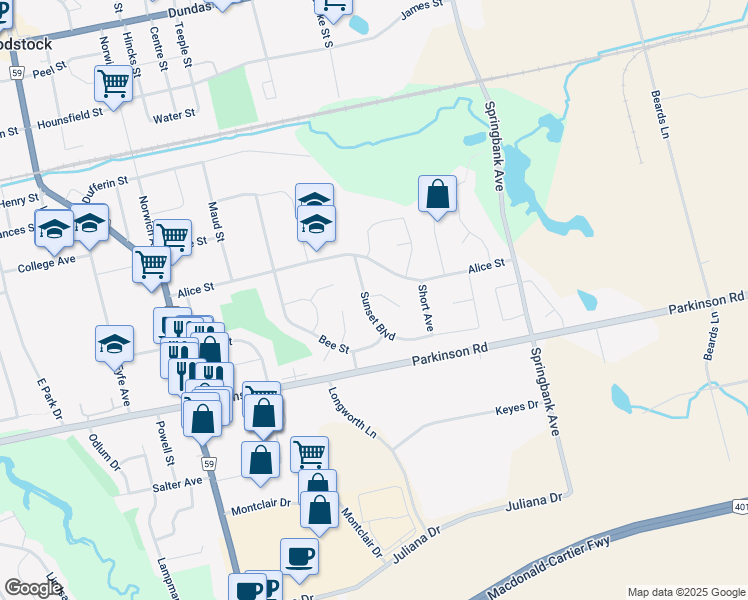 map of restaurants, bars, coffee shops, grocery stores, and more near 3 Winston Place in Woodstock