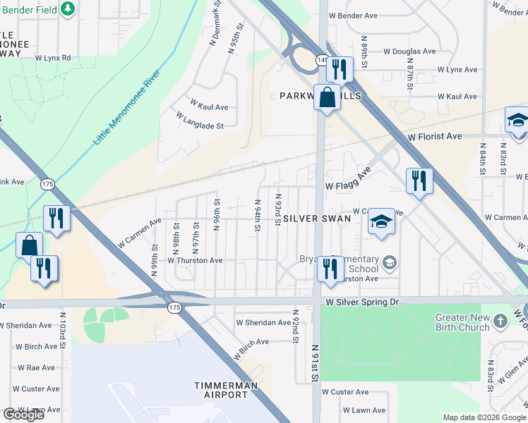 map of restaurants, bars, coffee shops, grocery stores, and more near 5812 North 94th Street in Milwaukee