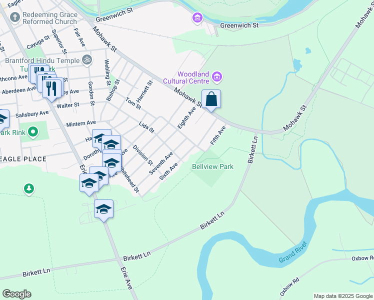 map of restaurants, bars, coffee shops, grocery stores, and more near 53 Sixth Avenue in Brantford