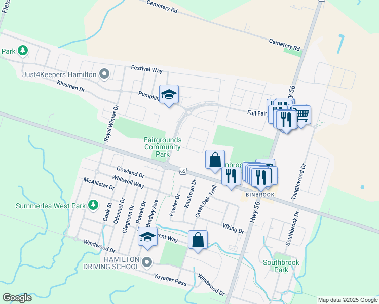 map of restaurants, bars, coffee shops, grocery stores, and more near 36 Valiant Circle in Hamilton
