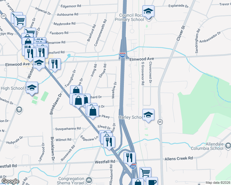 map of restaurants, bars, coffee shops, grocery stores, and more near 168 Meadow Drive in Rochester