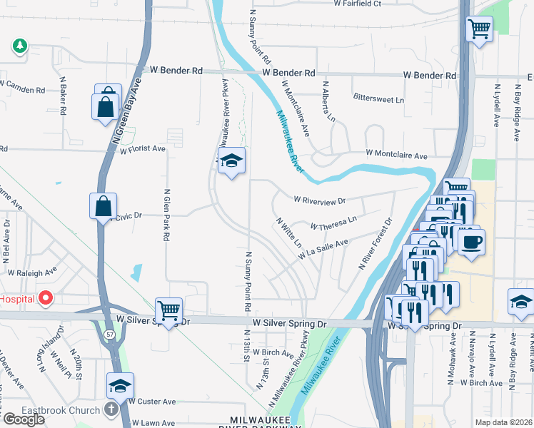 map of restaurants, bars, coffee shops, grocery stores, and more near 5863 North Witte Lane in Glendale
