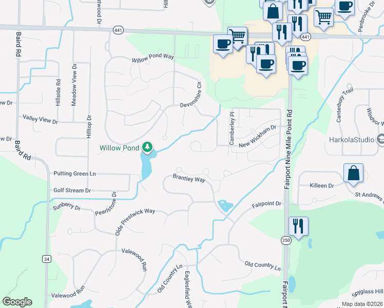 map of restaurants, bars, coffee shops, grocery stores, and more near 168 Courtshire Lane in Penfield
